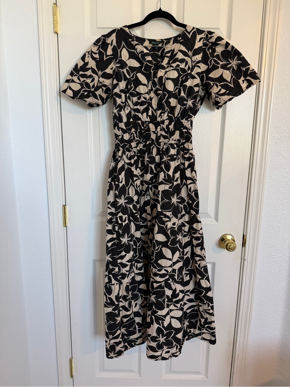 Meadow Rhodes Black and Cream Cottagecore Floral Smocked-Waist Midi Dress